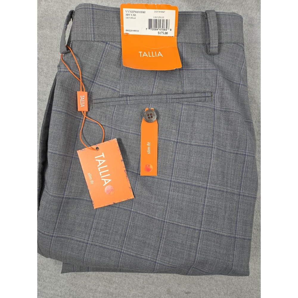 TALLIA Mason Fit Mens 34x32 Plaid Wool Dress Pants Slim Fit Gray NEW w Defect